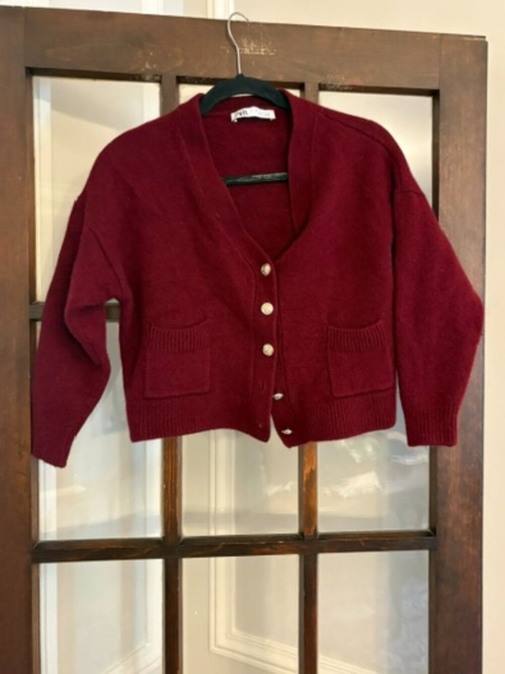 Zara Cropped Wool Cardigan in Maroon, Size Medium